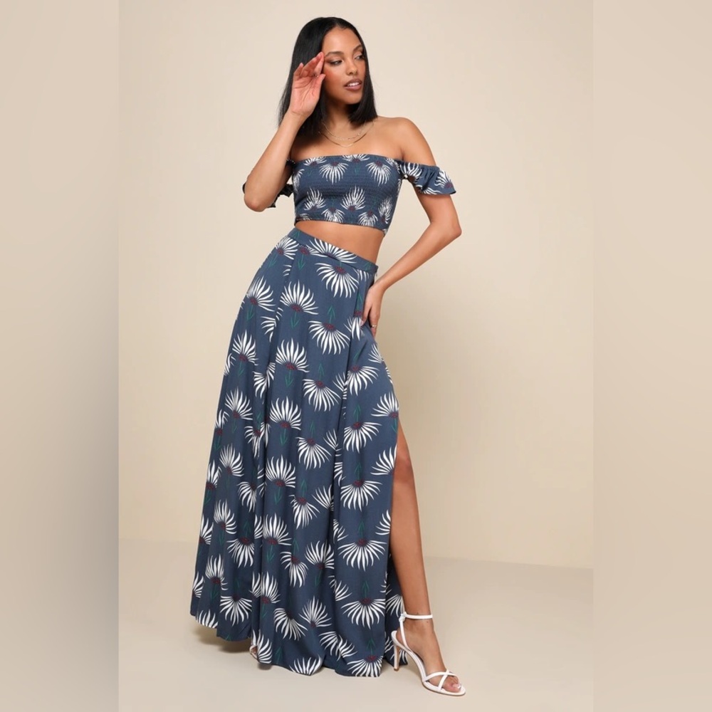 Lulu's Navy Blue Palm Print Off-Shoulder Skirt Set